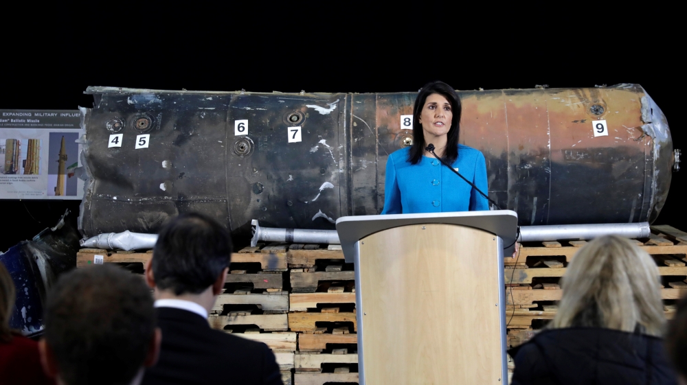 U.S. Ambassador to the United Nations Nikki Haley briefs the media in front of remains of Iranian "Qiam" ballistic missile in Washington