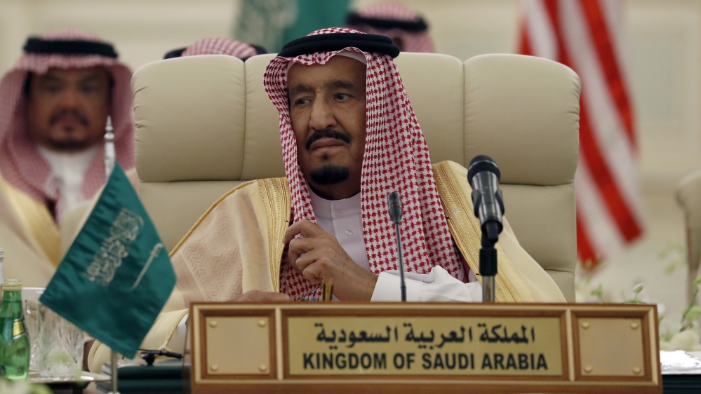 Saudi King Salman listens during a meeting of the Saudi-Iraqi Bilateral Coordination Council with Secretary of State Rex Tillerson and Iraqi Prime Minister Haider al-Abadi