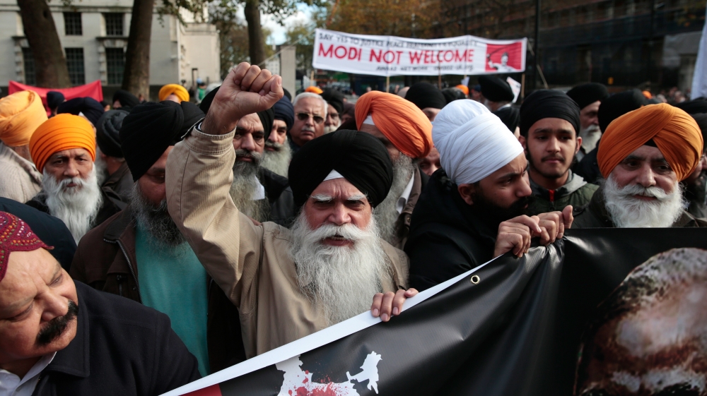 Demontrators protest opposite Downing Street against India''s Prime Minister Narendra Modi''s official visit, in London