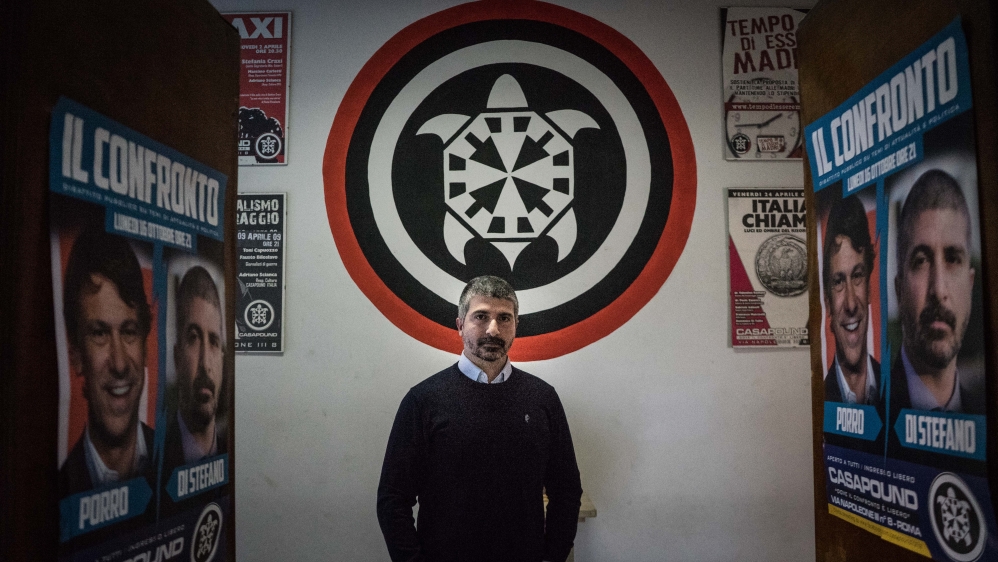 CasaPound's Simone Di Stefano advocates evicting 'fake refugees' from Italy [Patrick Strickland/Al Jazeera]
