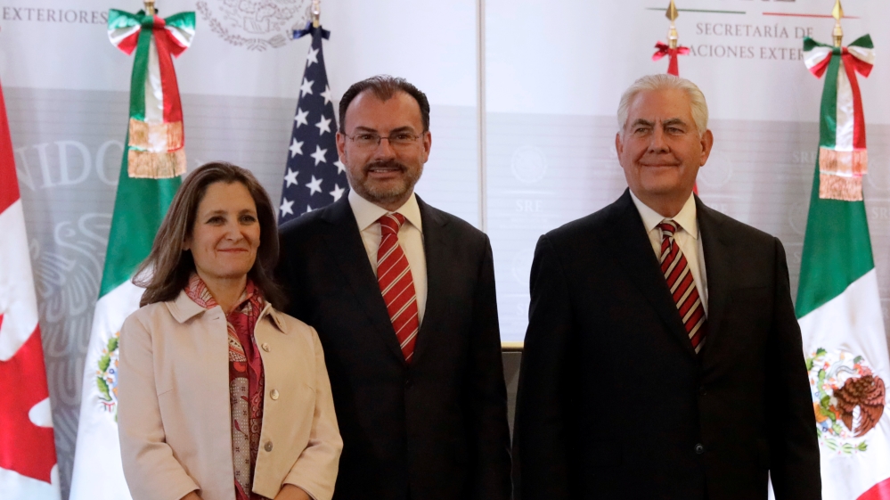 Canadian Foreign Minister Chrystia Freeland, Mexican Foreign Minister Luis Videgaray and U.S. Secretary of State Rex Tillerson pose for a picture after a news conference in Mexico City