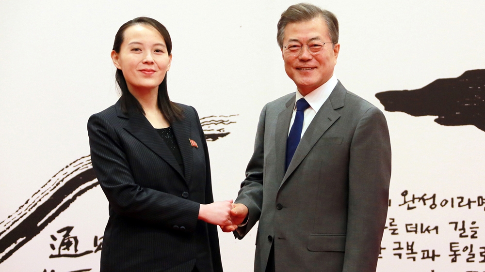 South Korean President Moon Jae-in shakes hands with Kim Yo Jong, the sister of North Korea''s leader Kim Jong Un, in Seoul,