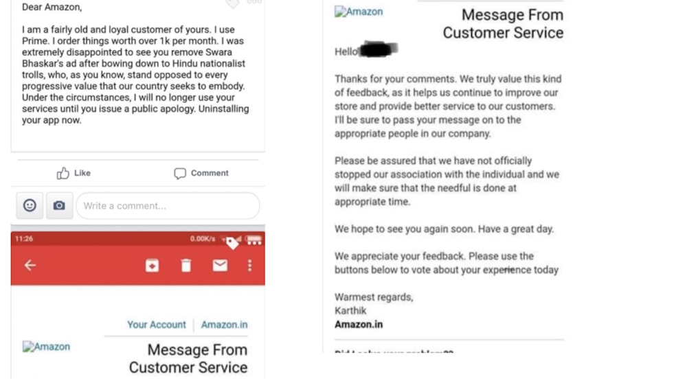A message to Amazon India’s customer service by a consumer and Amazon’s response to it.