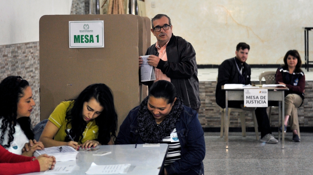 Former FARC rebel leader Rodrigo Londono voted for the first time [Carlos Julio Martinez/Reuters]