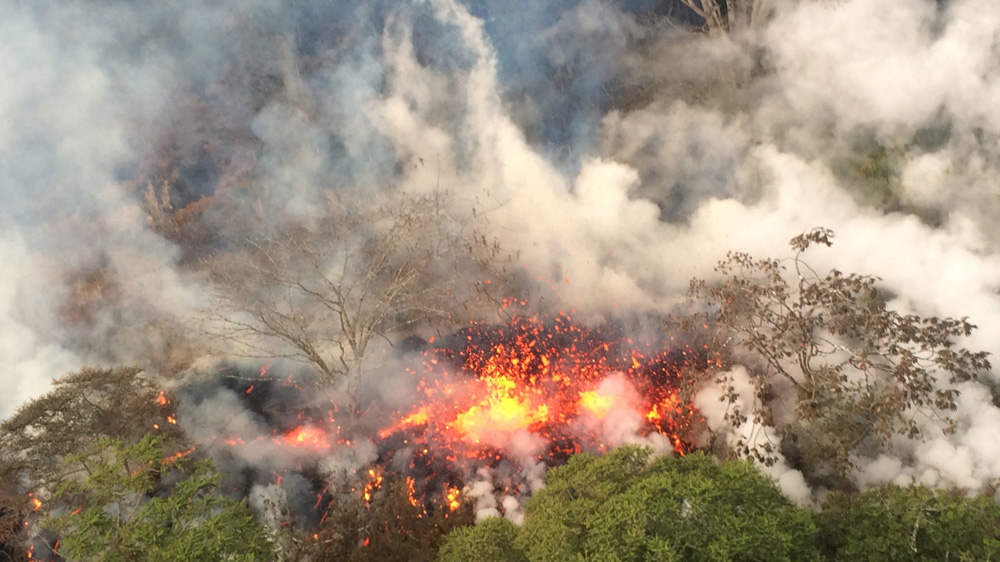Lava spatters from the Kilauea volcano near Pahoa, Hawaii [USGS via AP]