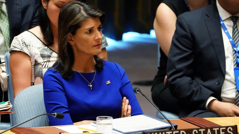 Nikki Haley listens as actor Cate Blanchett speaks during a United Nations Security Council meeting about Myanmar at United Nations Headquarters in New York City