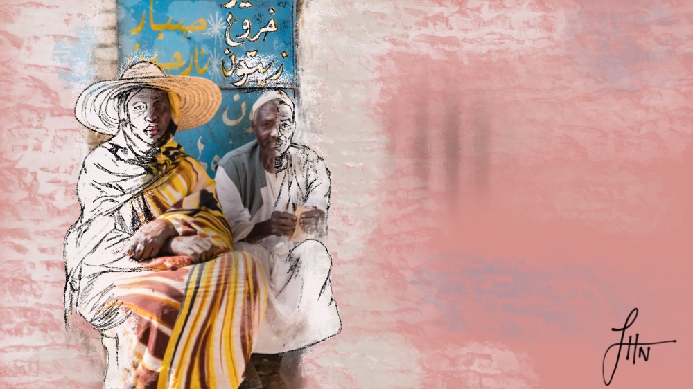 
Traders work in Omdurman Market, December 2017 [Original photo: Janto Djassi/Picture Me Different. Illustration by Jawahir Hassan Al-Naimi/Al Jazeera]
