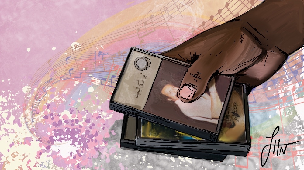 
Cassette tapes are held in Khartoum, December 2017 [Original photo: Janto Djassi/Picture Me Different. Illustration by Jawahir Hassan Al-Naimi/Al Jazeera]
