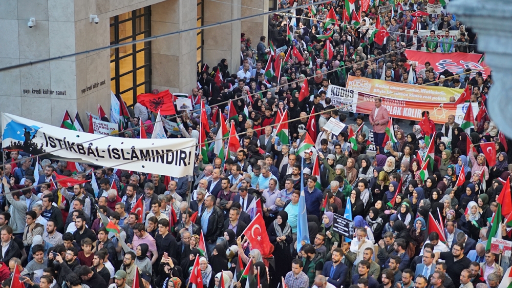 The large crowd waved Palestinian and Turkish flags [Faisal Edroos/Al Jazeera]