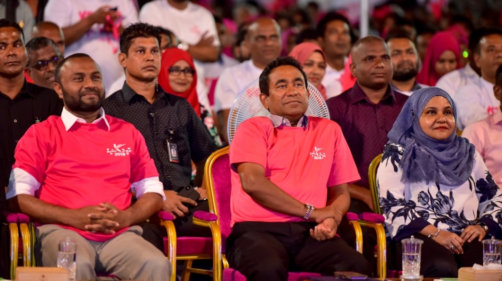 Abdulla Yameen (centre) is running on a platform of 'transformative economic development' [Ahmed Nishath/Al Jazeera]