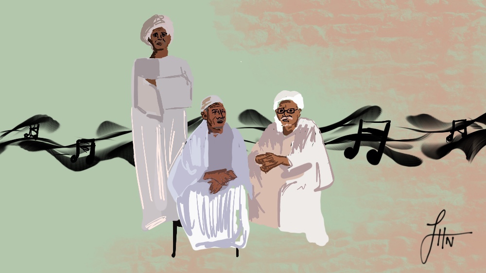  
Shopkeepers take a break at Omdurman market, December 2017 [Original photo: Janto Djassi/Picture Me Different. Illustration by Jawahir Hassan Al-Naimi/Al Jazeera]
