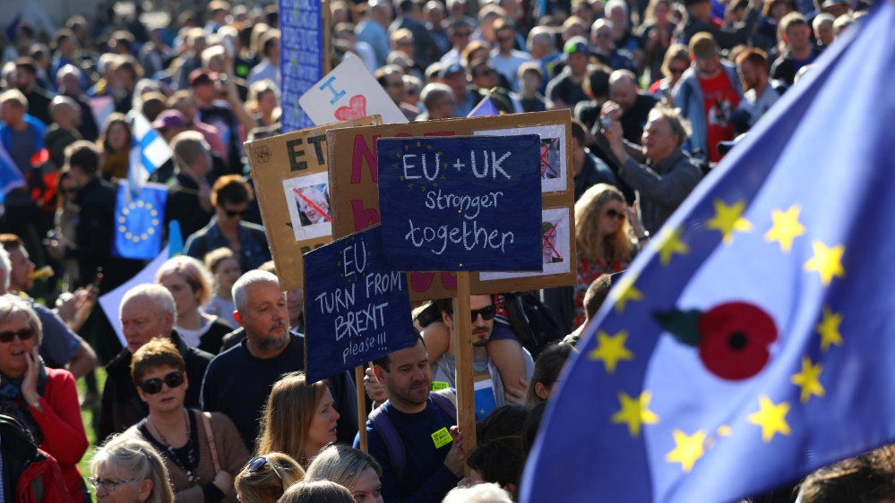 Protesters participating in an anti-Brexit demonstration, march through central London