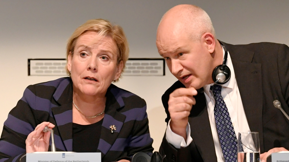 Dutch Minister of Defence Bijleveld and British Ambassador Wilson attend a news conference in The Hague