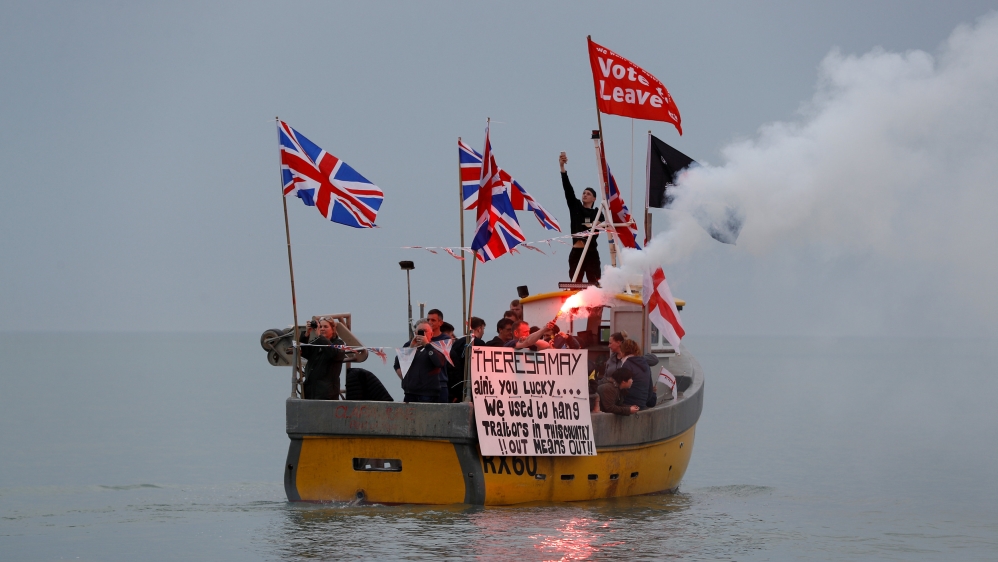 FILE PHOTO: British fishermen stage a "Fishing for Leave" protest against Prime Minister Theresa May’s Brexit transition deal, in Hastings, England