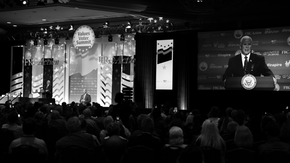 Mike Pence was the first sitting US vice president to address the Values Voter Summit [Al Jazeera]