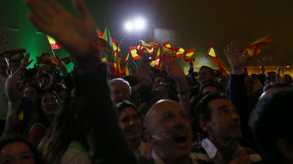 Supporters of Spain''s far-right VOX party celebrate results after the Andalusian regional elections in Seville