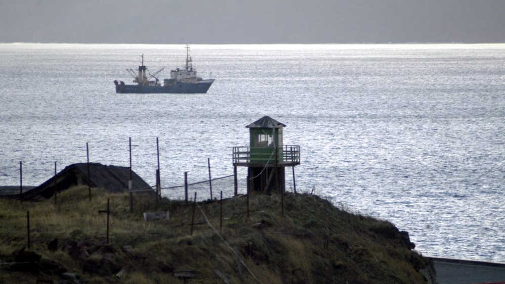Russian border guards'' tower is seen on Kunashir Island, one of the disputed Kuril Islands
