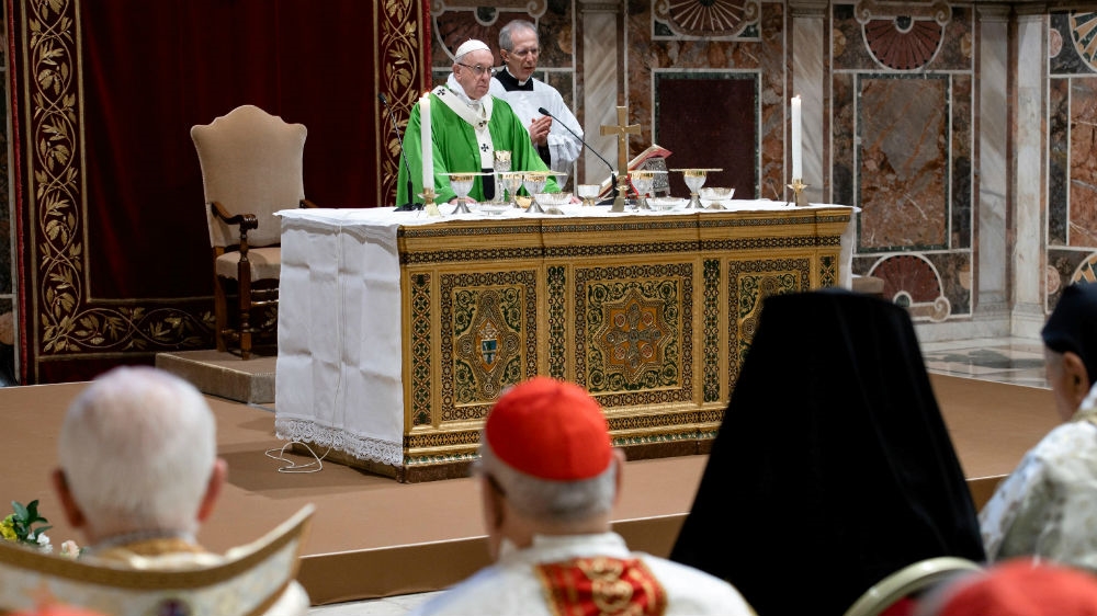Pope Francis during the last day of a four-day meeting on the global sexual abuse crisis on February 24 [Vatican media/Handout via Reuters]
