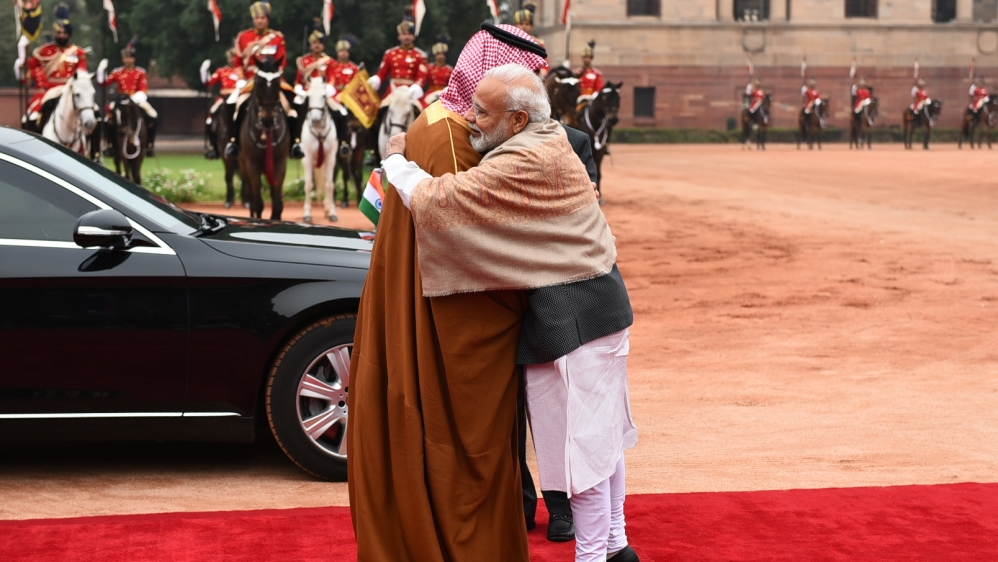 Crown Prince of Saudi Arabia Mohammad bin Salman greeted by Indian Prime Minister Narendra Modi in India