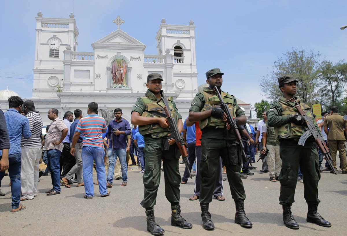 Sri Lankan Army soldiers secure the area around St. Anthony''s Shrine after a blast in Colombo, Sri Lanka, Sunday, April 21, 2019. A Sri Lanka hospital spokesman says several blasts on Easter Sunday ha