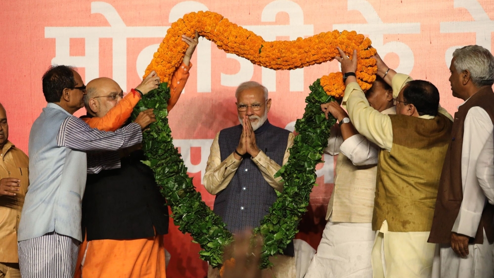 Prime Minister Naredndra Modi along with BJP president Amit Shah during victory celebrations at the BJP headquarters in New Delhi India, on Thursday, 23MAY, 2019. Photographer: T. Narayan/Bloomberg