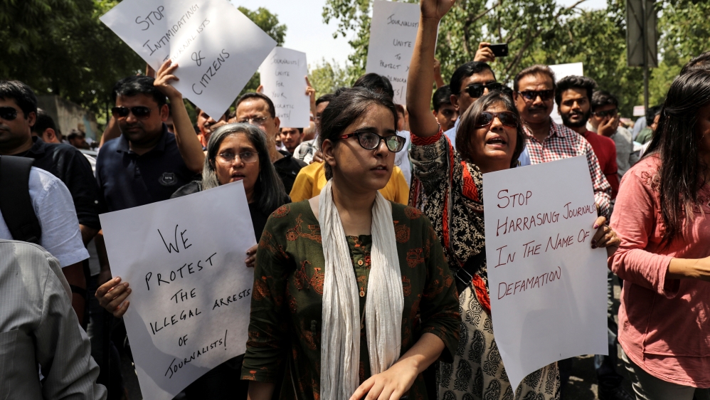 FILE PHOTO: Jagisha Arora takes part in a protest with media members in New Delhi