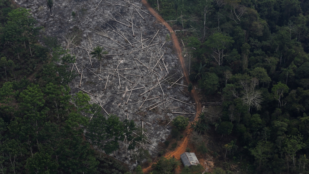 An aerial view of a deforested plot of the Amazon at the Bom Futuro National Forest in Porto Velho