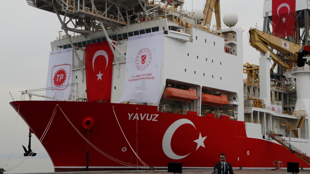 Turkey''s Energy Minister Donmez makes a speech with the Turkish drilling vessel Yavuz in the background at Dilovasi port in Kocaeli