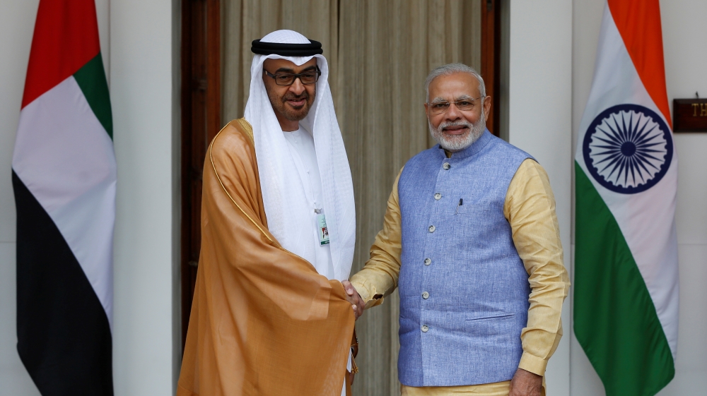 Sheikh Mohammed bin Zayed al-Nahyan, Crown Prince of Abu Dhabi shakes hands with India''s Prime Minister Modi during a photo opportunity ahead of their meeting at Hyderabad House in New Delhi