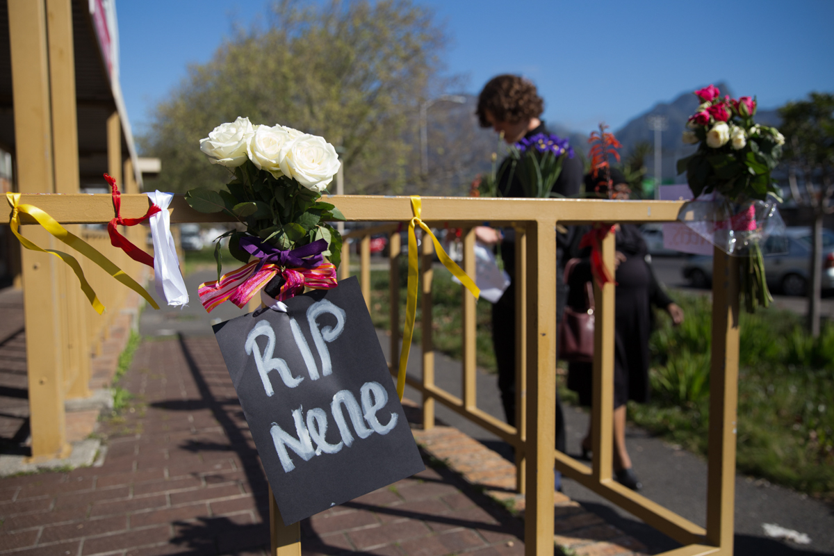 A makeshift memorial is seen outside the post office where Uyinene Mrwetyana was raped and murdered. Mrwetyana was murdered in August, which is “Women’s month” in South Africa. In August alone, 30 wom