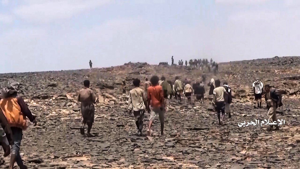 This image grab taken from a handout video released by Ansarullah, the Huthi rebels fighting the Saudi coalition in Yemen, on September 29, 2019, allegedly shows detained men described by the Iran-bac