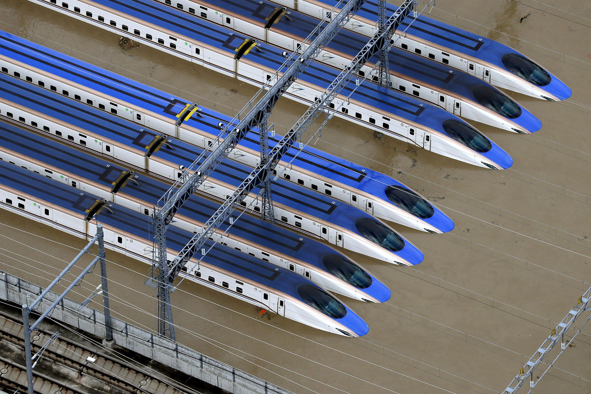 A Shinkansen bullet train rail yard is seen flooded due to heavy rains caused by Typhoon Hagibis in Nagano, central Japan, October 13, 2019, in this photo taken by Kyodo. Mandatory credit Kyodo/via R