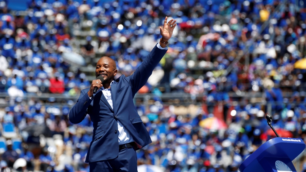 Leader of South African opposition party, the Democratic Alliance (DA) Mmusi Maimane speaks during the party''s election manifesto launch in Johannesburg