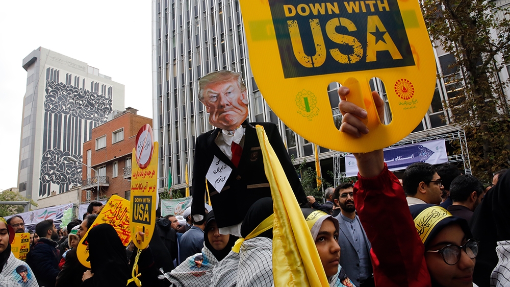 Iranians take part in an anti-US demonstration marking the 40th anniversary of US Embassy takeover, in front of the former US embassy in Tehran, Iran, 04 November 2019. According to media reports, tho