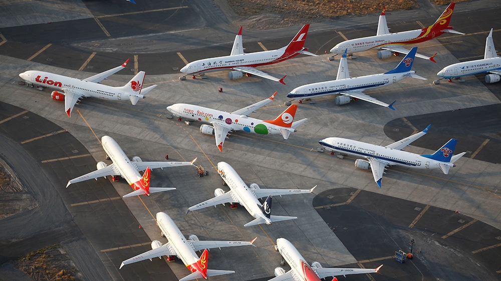 An aerial photo shows Boeing 737 MAX aircraft at Boeing facilities at the Grant County International Airport in Moses Lake, Washington, September 16, 2019