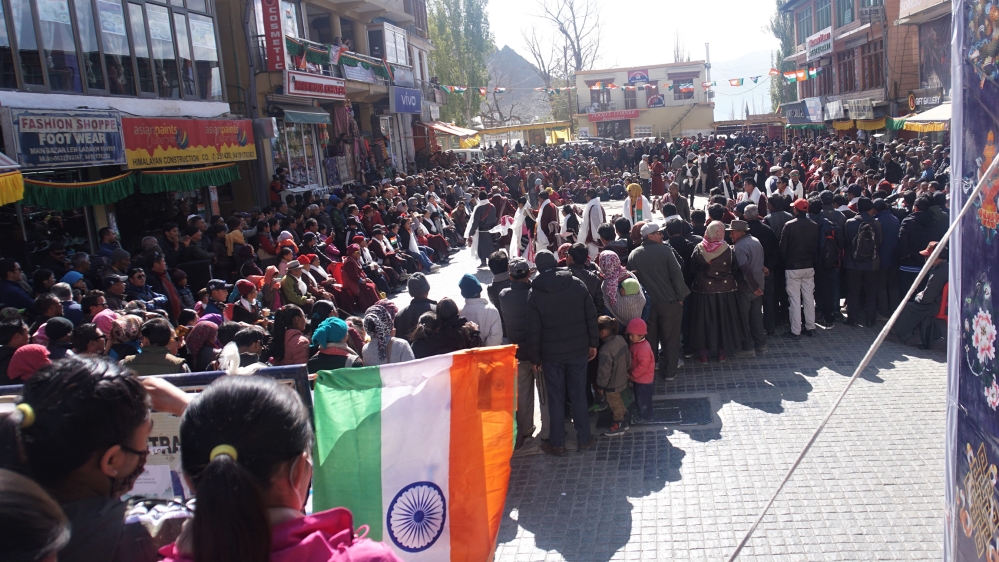 People celebrating the formation of Union Territory of Ladakh on October 31 in main market Leh, when the Indian government’s decision was officially implemented in Jammu and Kashmir.