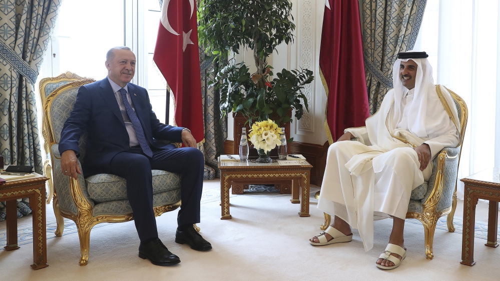 Qatar''s Emir Sheikh Tamim bin Hamad Al Thani, right, and Turkey''s President Recep Tayyip Erdogan pose for photos for the media before their meeting in Doha, Qatar, Monday, Nov. 25, 2019. Erdogan is in