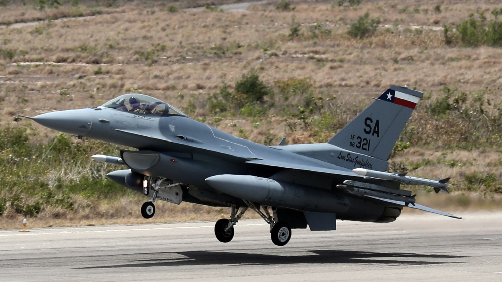 A U.S. Air Force F-16 jet fighter takes off from an airbase during CRUZEX in Natal