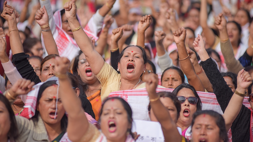 Demonstrators shout slogans during a protest against a new citizenship law, in Guwahati, India December 21, 2019. REUTERS/Anuwar Hazarika