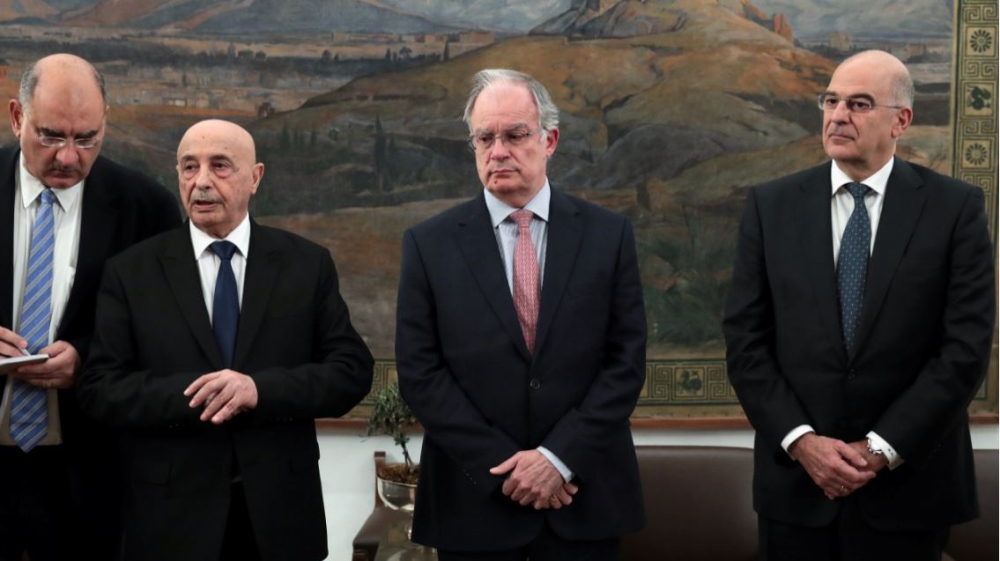 Libya''s parliament speaker Aguila Saleh, Greek parliament speaker Konstantinos Tasoulas and Greek Foreign Minister Nikos Dendias make a joint statement following their meeting