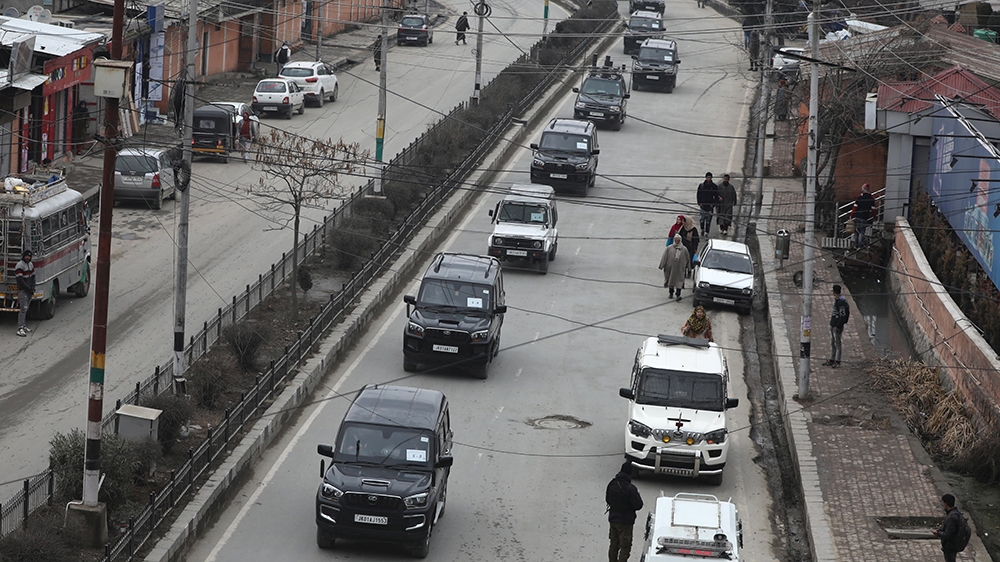 A motorcade of envoys from Latin American and African countries drives through Peerbagh road in Srinagar, Kashmir, India, 09 January 2020. A 16-member delegation is visiting Kashmir to assess the gro
