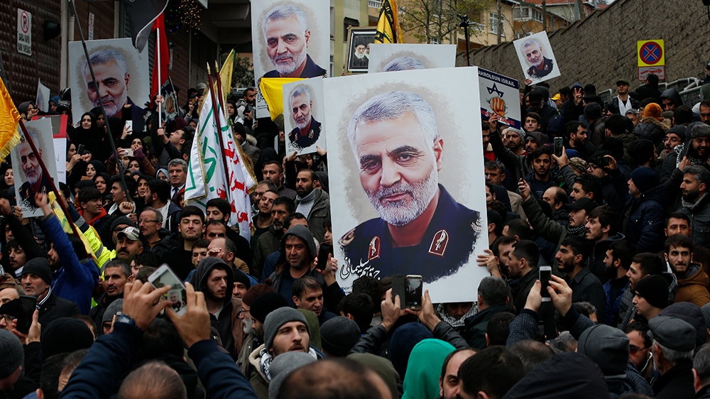 Protesters gather during a demonstration against the killing of Iranian Revolutionary Guard Gen. Qassem Soleimani, close to United States' consulate in Istanbul, Sunday, Jan. 5, 2020. Iran has vowed