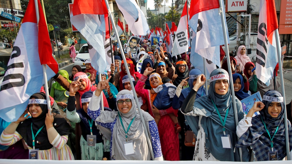 Demonstrators shout slogans as they attend a protest rally against a new citizenship law, in Kochi