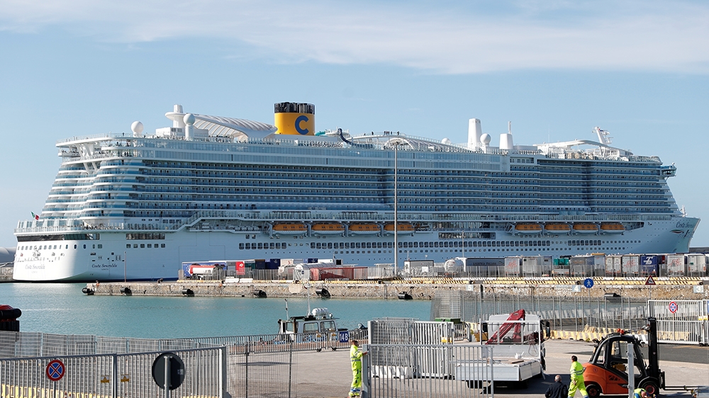 The Costa Smeralda cruise ship of Costa Crociere, carrying around 6,000 passengers, is docked at the Italian port of Civitavecchia after a health alert due to a Chinese couple and a possible link to c