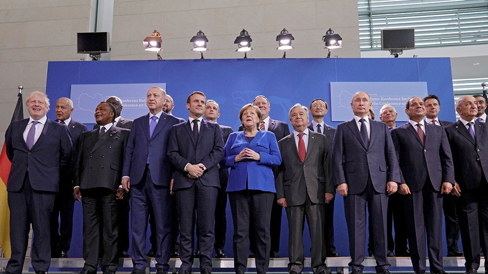 German Chancellor Angela Merkel and participants of the International Libya Conference pose for a family picture in Berlin, Germany, 19 January 2020. By means of the ''Berlin Process'', German governmen