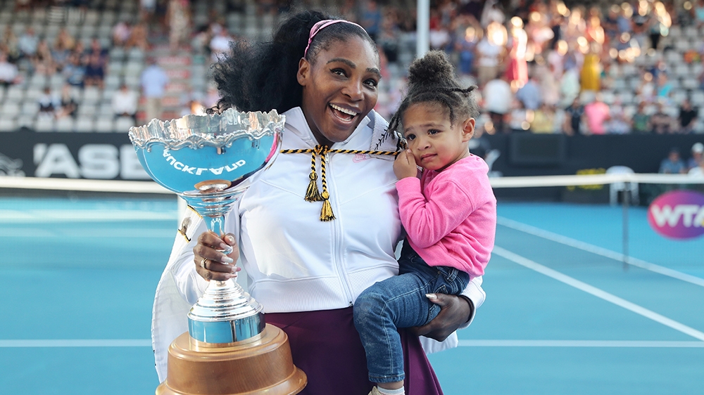 Serena Williams of the US with her daughter Alexis Olympia after her win against Jessica Pegula of the US during their women''s singles final match during the Auckland Classic tennis tournament in Auck