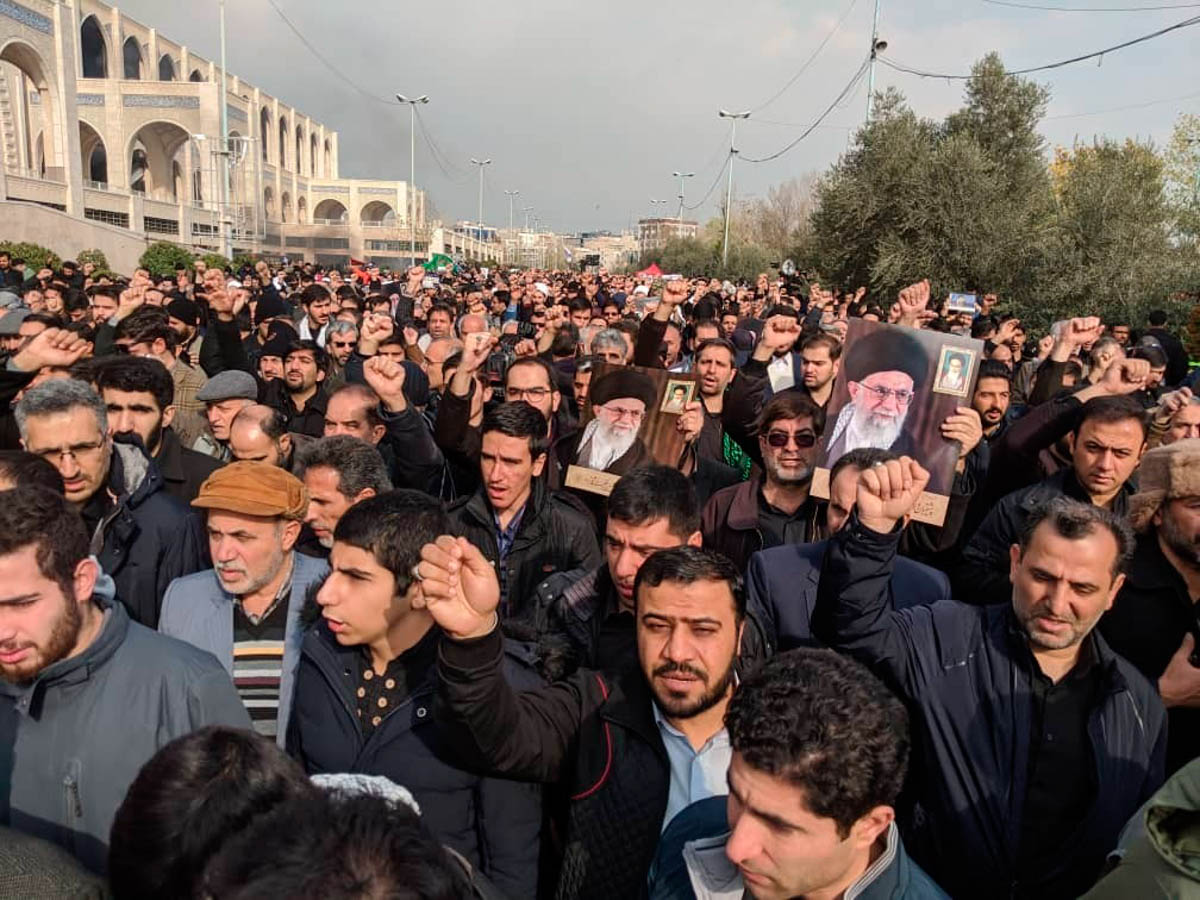 Protesters demonstrate over the U.S. airstrike in Iraq that killed Iranian Revolutionary Guard Gen. Qassem Soleimani in Tehran, Iran, Jan. 3, 2020. Iran has vowed "harsh retaliation" for the U.S. airs