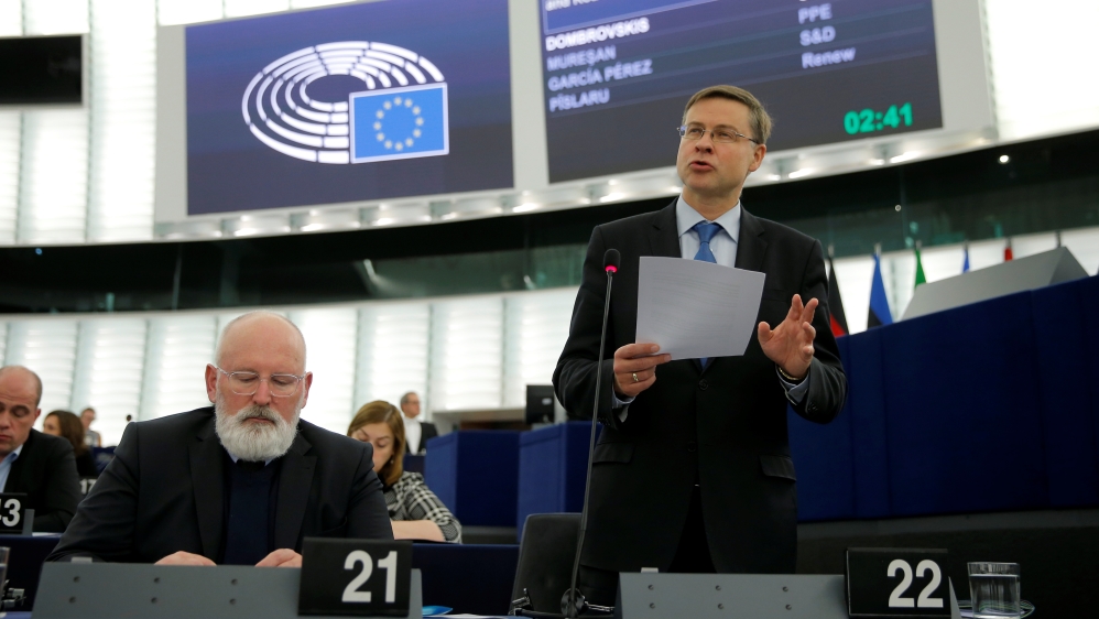 European Commission Vice-President Valdis Dombrovskis presents the EU''s Sustainable Investment Plan before the European Parliament in Strasbourg