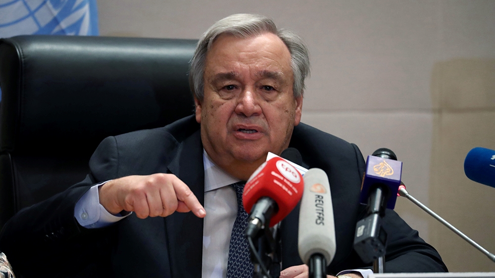 Antonio Guterres, United Nations (UN) Secretary General, speaks at a news conference at the 32nd Ordinary Session of the Assembly of the Heads of State and the Government of the African Union (AU) in