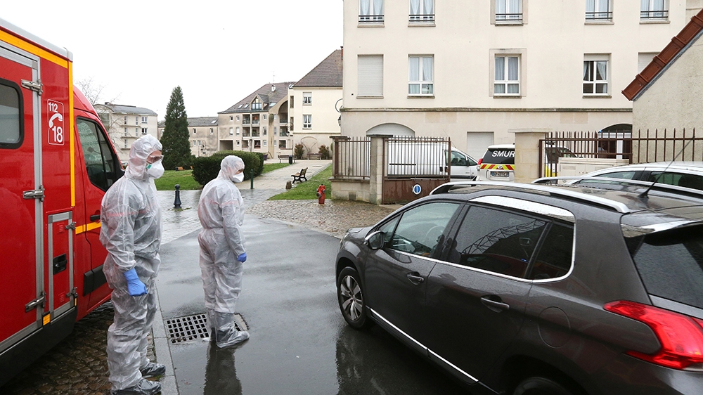 Members of emergency and intensive care services are at work after a person was allegedly contaminated by the new Covid-19 Coronavirus, on March 2, 2020 at Etienne Marie de la Hante retirement home in
